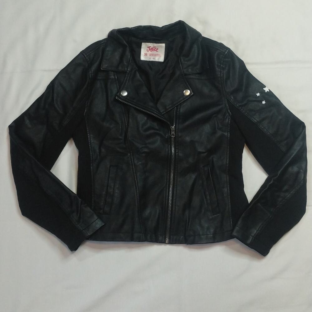 Justice Black Faux Leather Biker Jacket with Graphic Back Girls Run the World 20